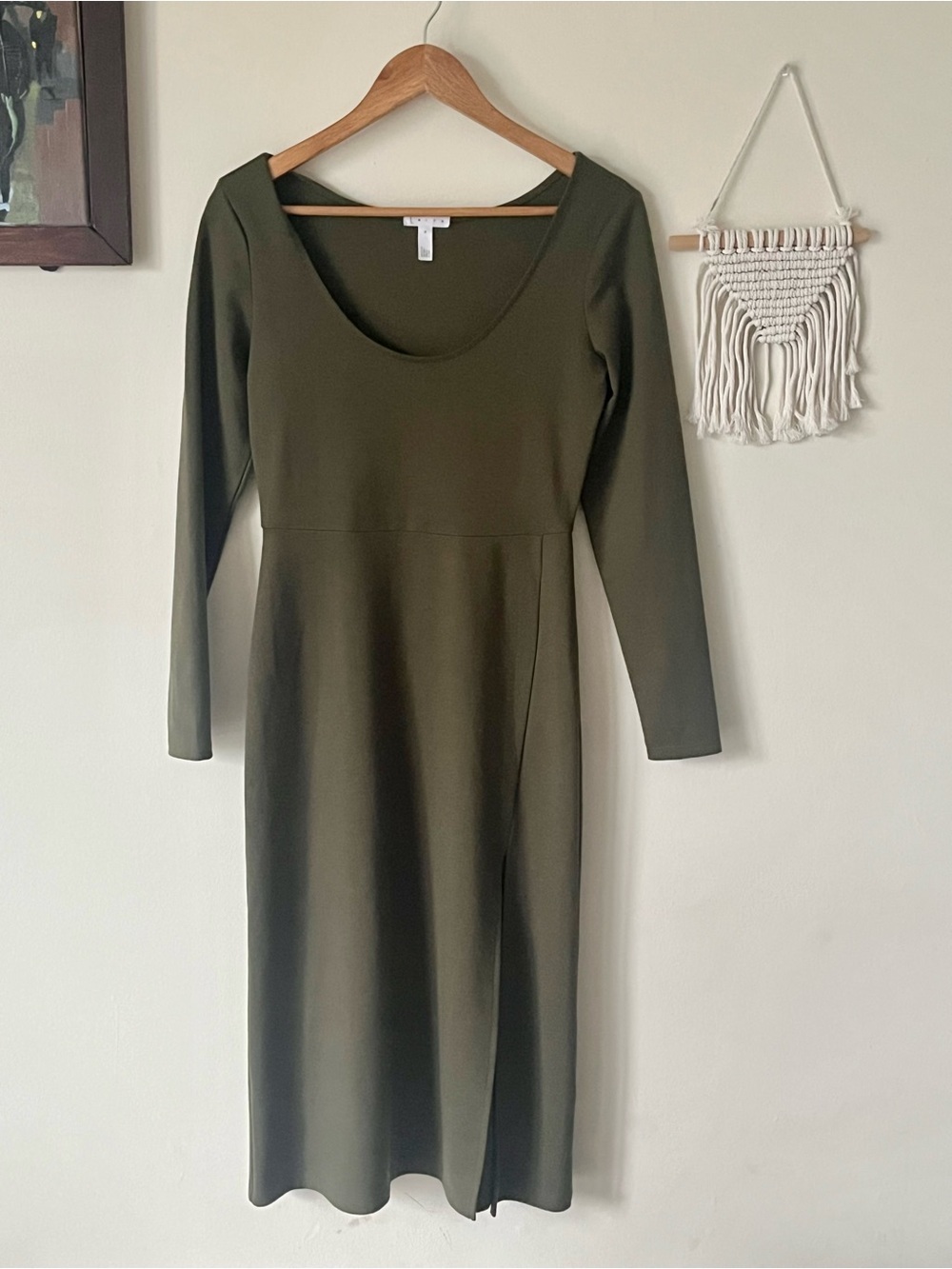 Leith Scoop Neck Long sleeve Side Slit Midi Dress Moss green- Medium